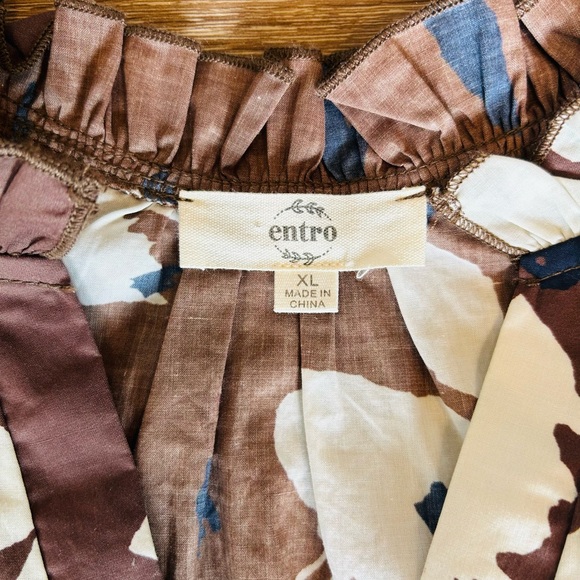 Entro XL Floral Puff Sleeve Blouse Brown Cream Ruffle Neck Boho Boutique Top - Picture 5 of 7